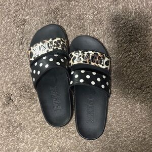 PINK Victoria's Secret Black and White Leopard Slides